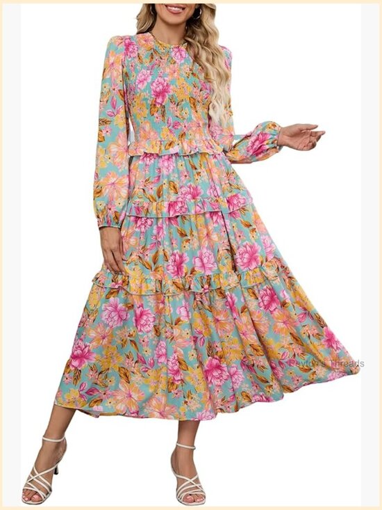 Dresses & Skirts - Women's Floral Smocked Maxi Dress Long Puff Sleeve Bohemian Tiered Ruffle